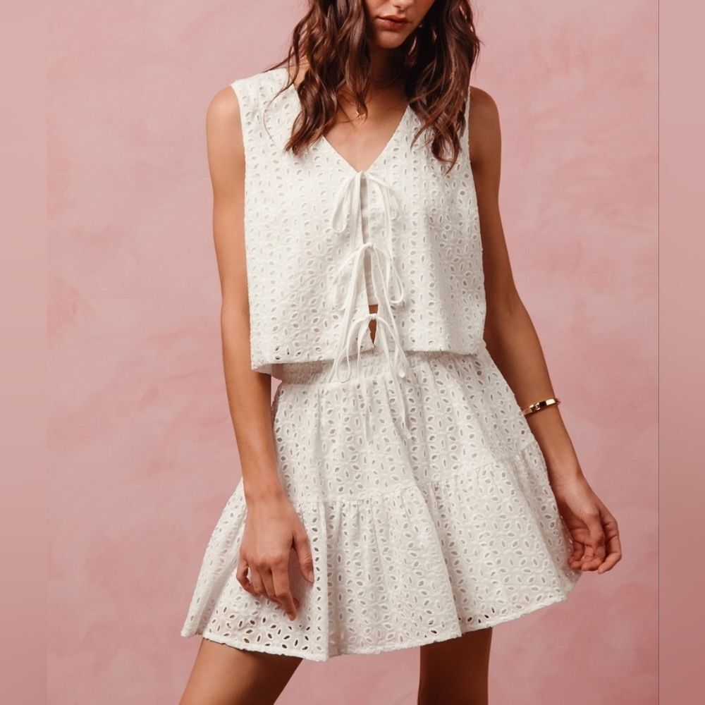***SO ME Floral Eyelet Lace Tie Front Vest Top & Two-Piece Dress Set White sz M - Picture 14 of 15
